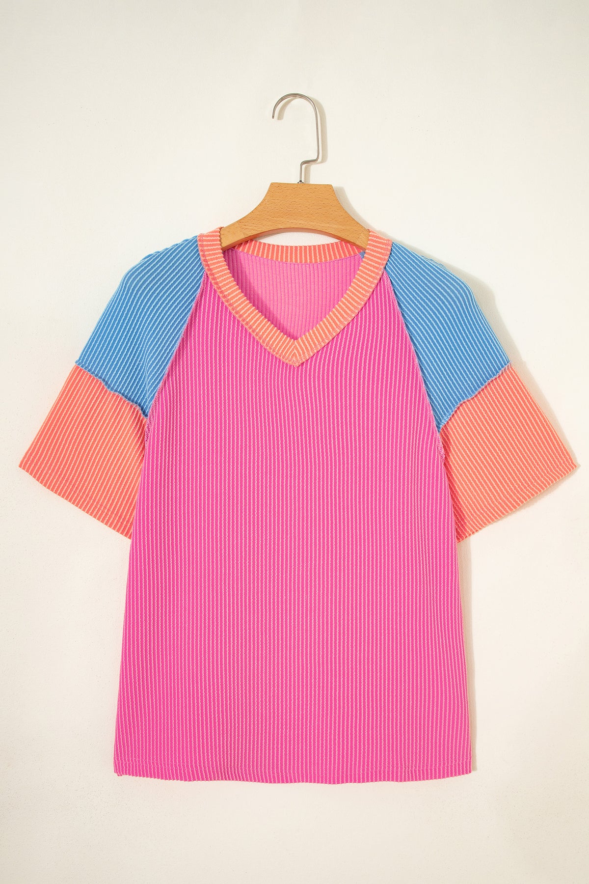 Rose Red Color Block Twisted Ribbed Tee