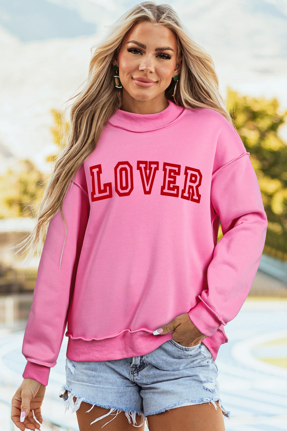Bright Pink LOVER Heart Script Reversible Print Mock Neck Sweatshirt
