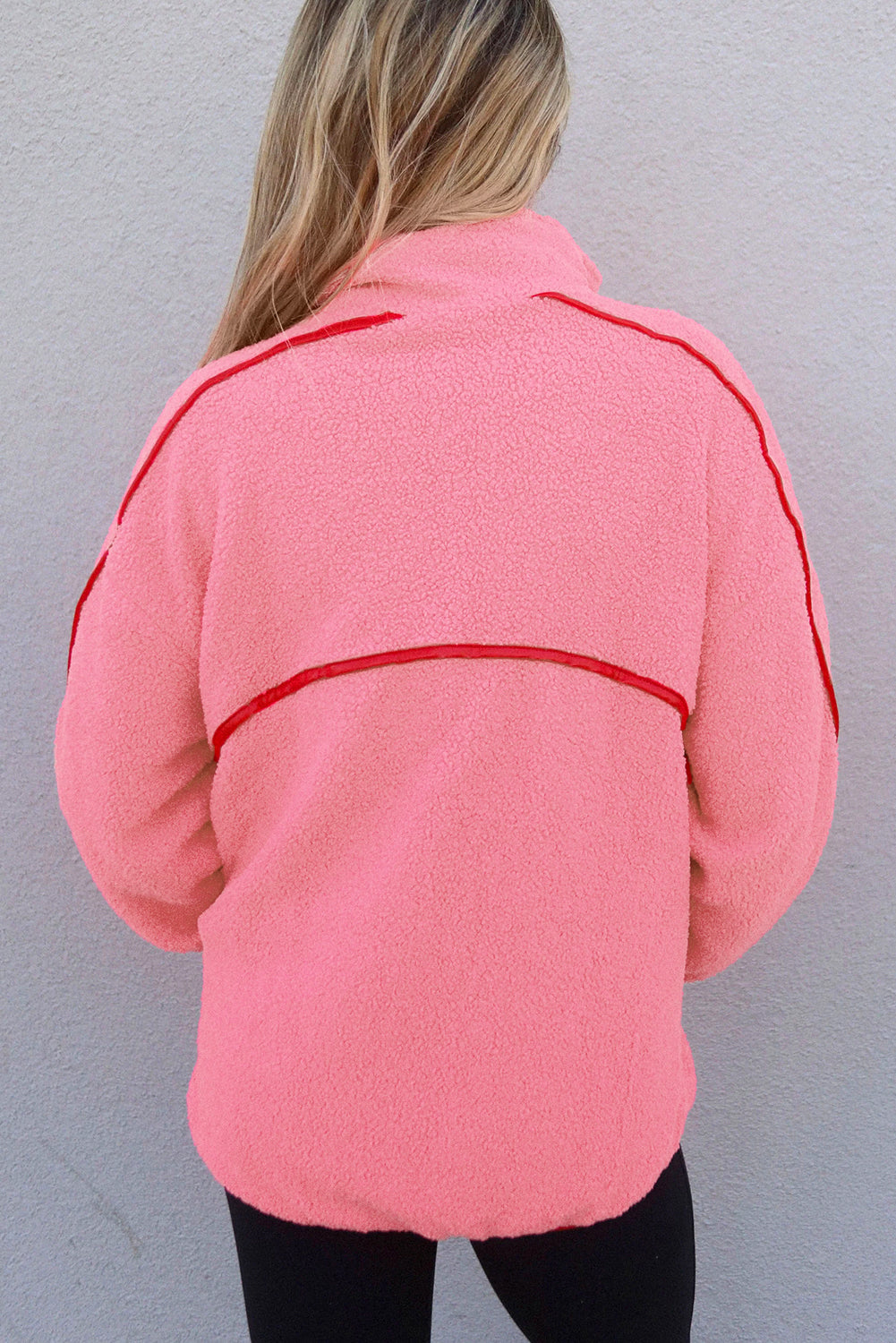 Strawberry Pink Sherpa Contrast Faux Leather Trim Half Zip Pocketed Pullover Sweatshirt