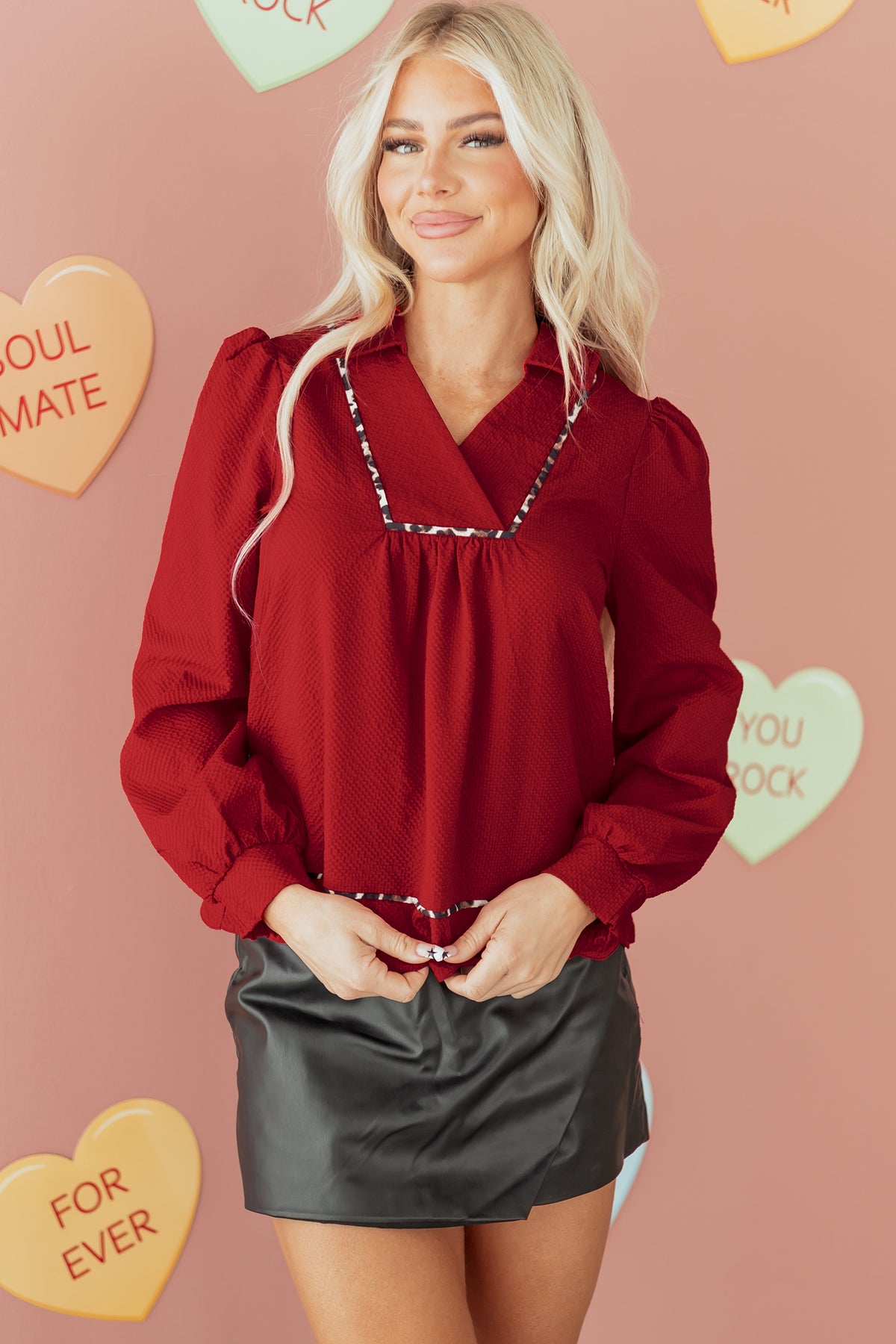 Fiery Red Collar V Neck Leopard Contrasted Trim Textured Blouse