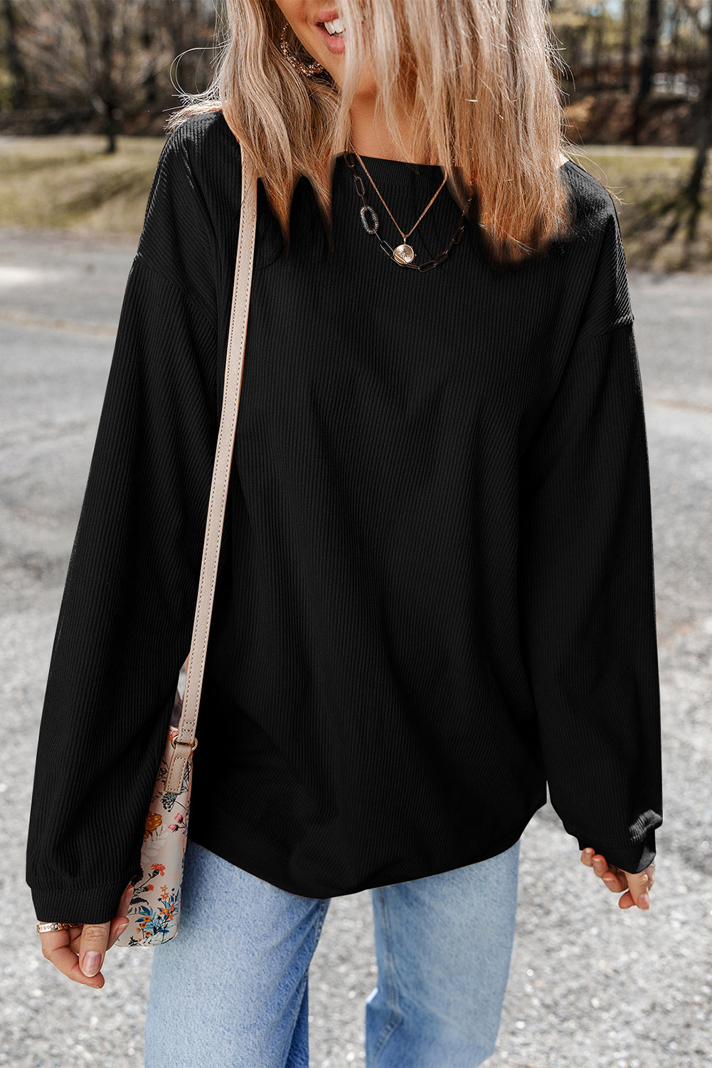 Black Ribbed Corduroy Oversized Sweatshirt