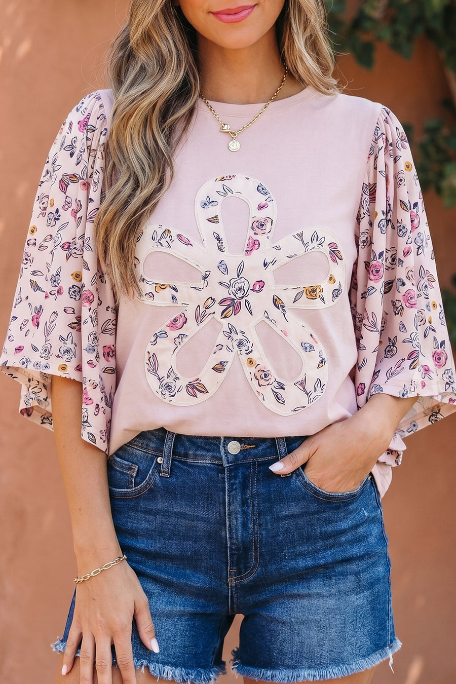 Pink Contrast Floral Patched Flowy Half Sleeve Blouse