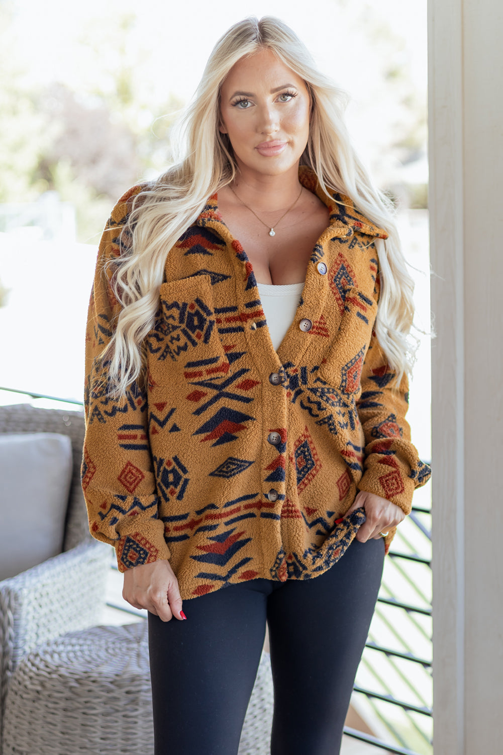 Khaki Western Aztec Pattern Fleece Shacket