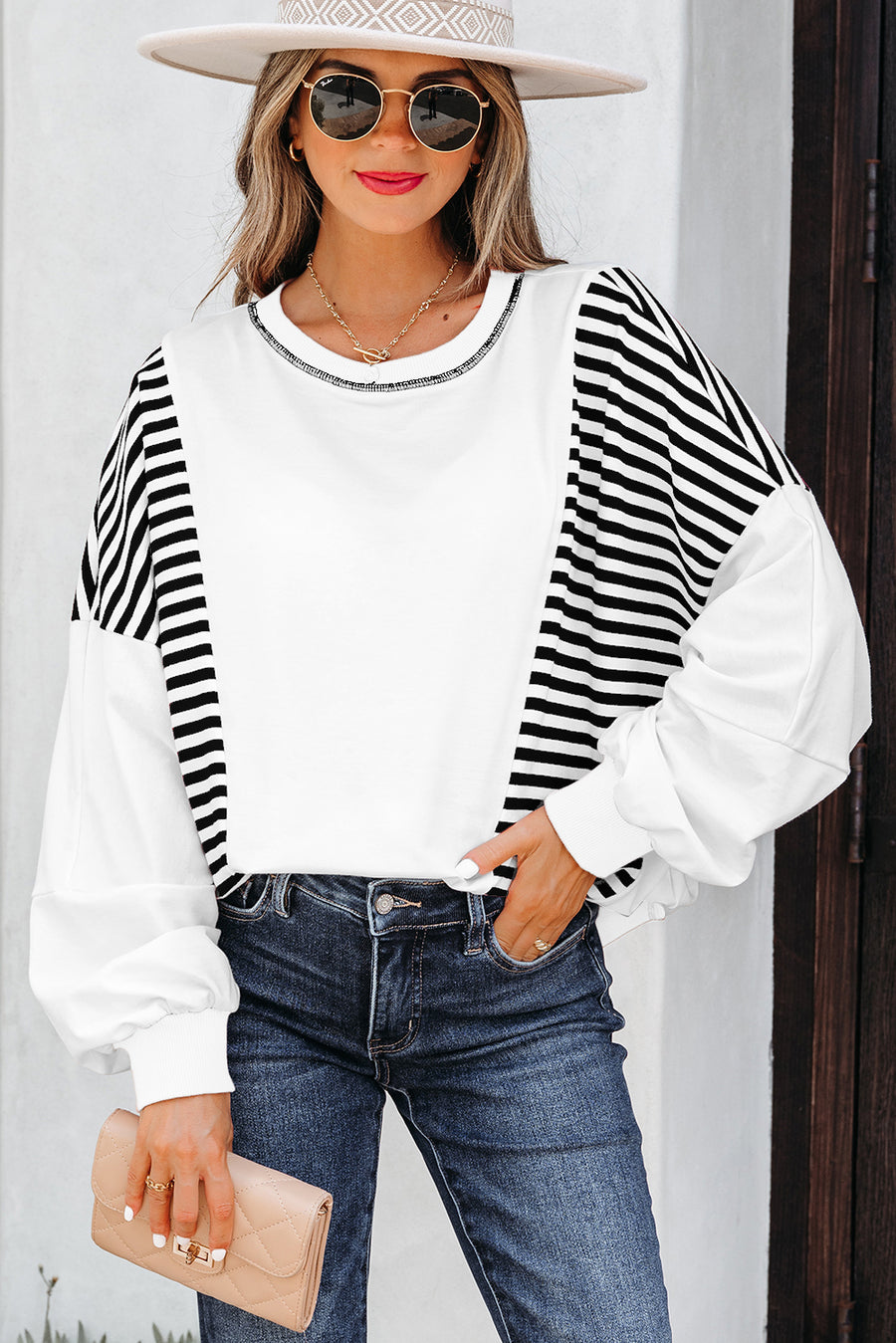 White Stripe Colorblock Patchwork Contrast Stitching Oversize Sweatshirt