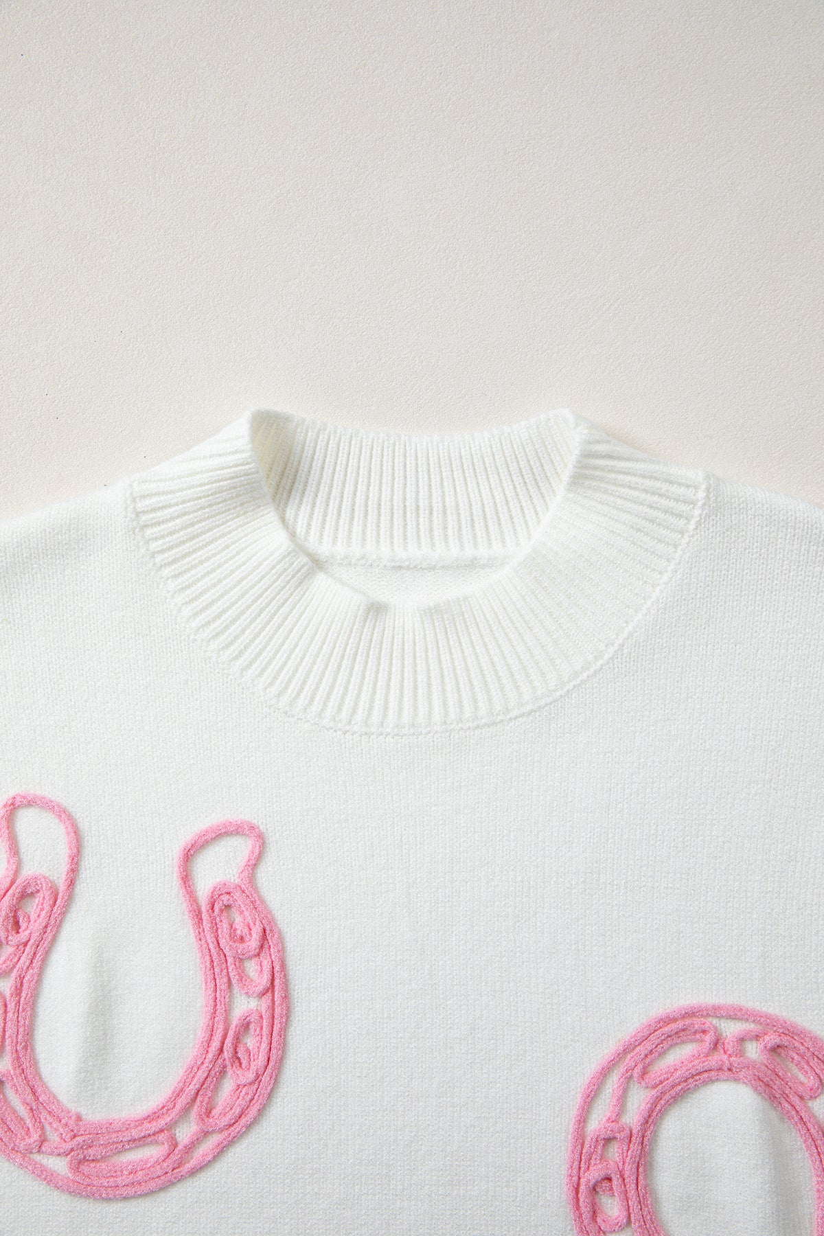White Corded Horseshoes Ribbed Trim Mock Neck Short Sleeve Sweater