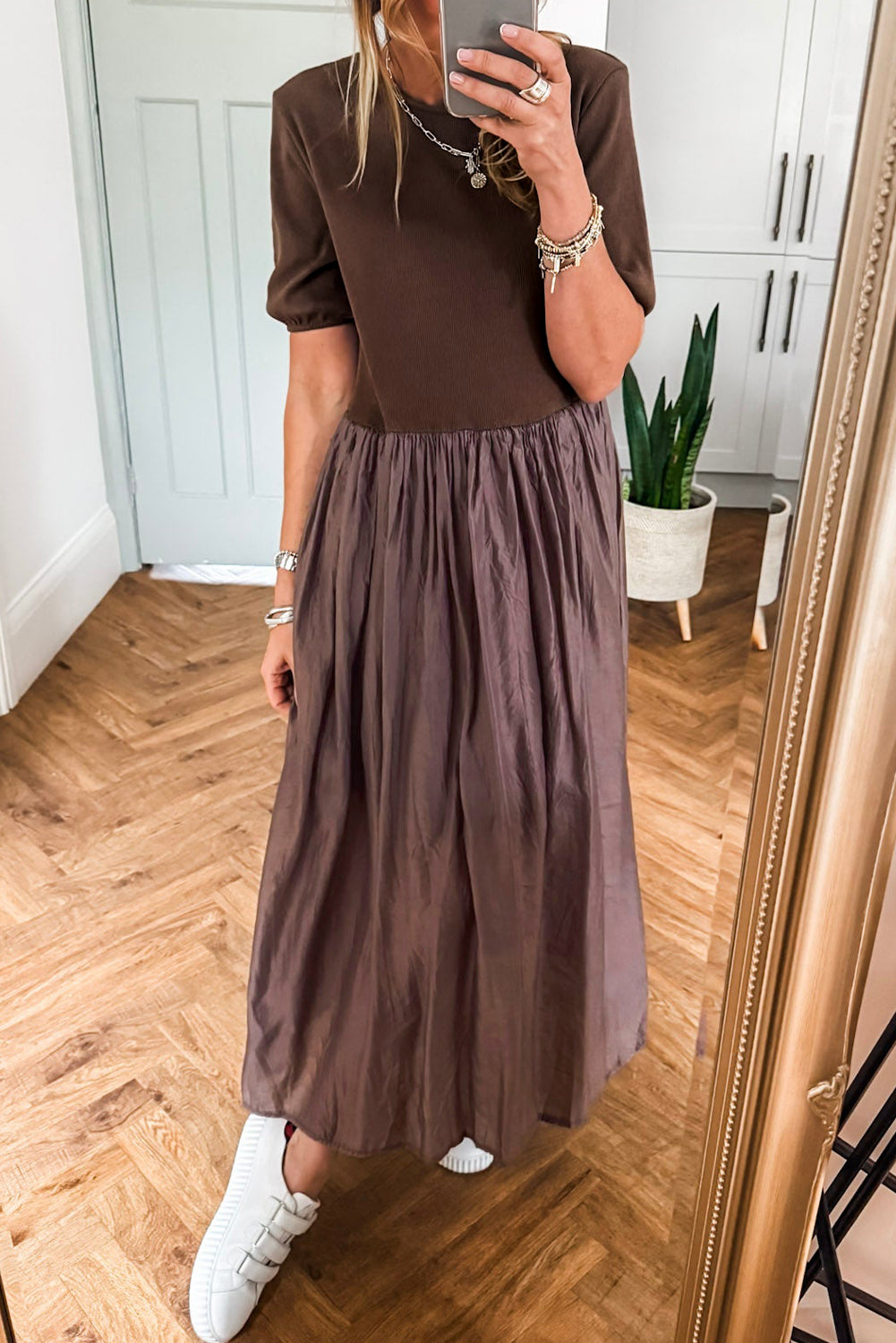 Coffee Short Sleeve Knit Top Patchwork Pleated Long Dress