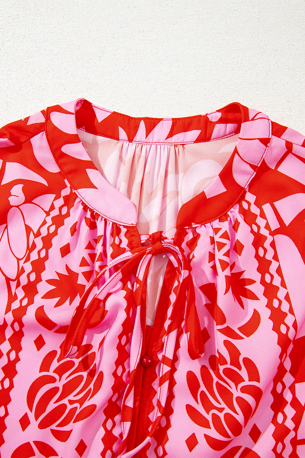 Strawberry Pink Abstract Floral Print Tie Neck Button Decor 3/4 Sleeve Blouse