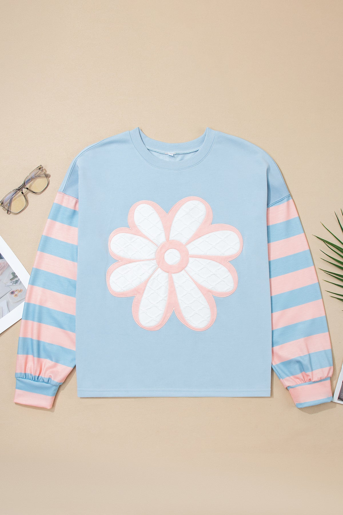 Beau Blue Big Flower Patch Drop Shoulder Striped Long Sleeve Top