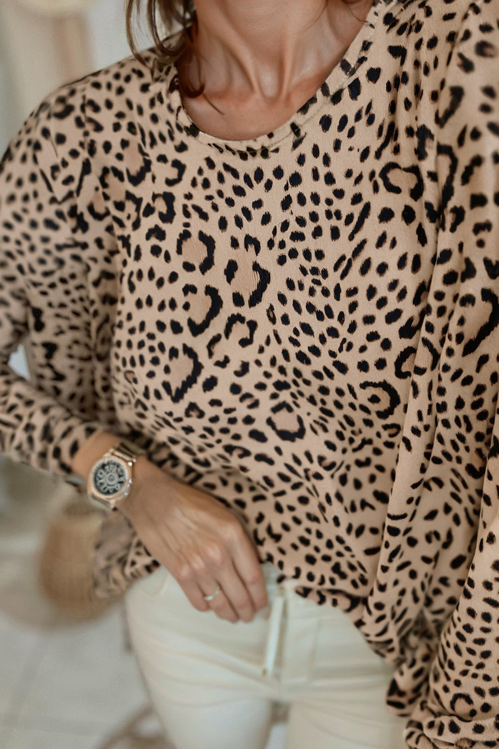 Khaki Leopard Print Long Batwing Sleeve Loose Top