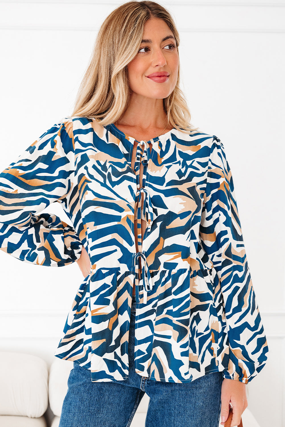Blue Zebra Print Tied Front Puff Sleeve Top