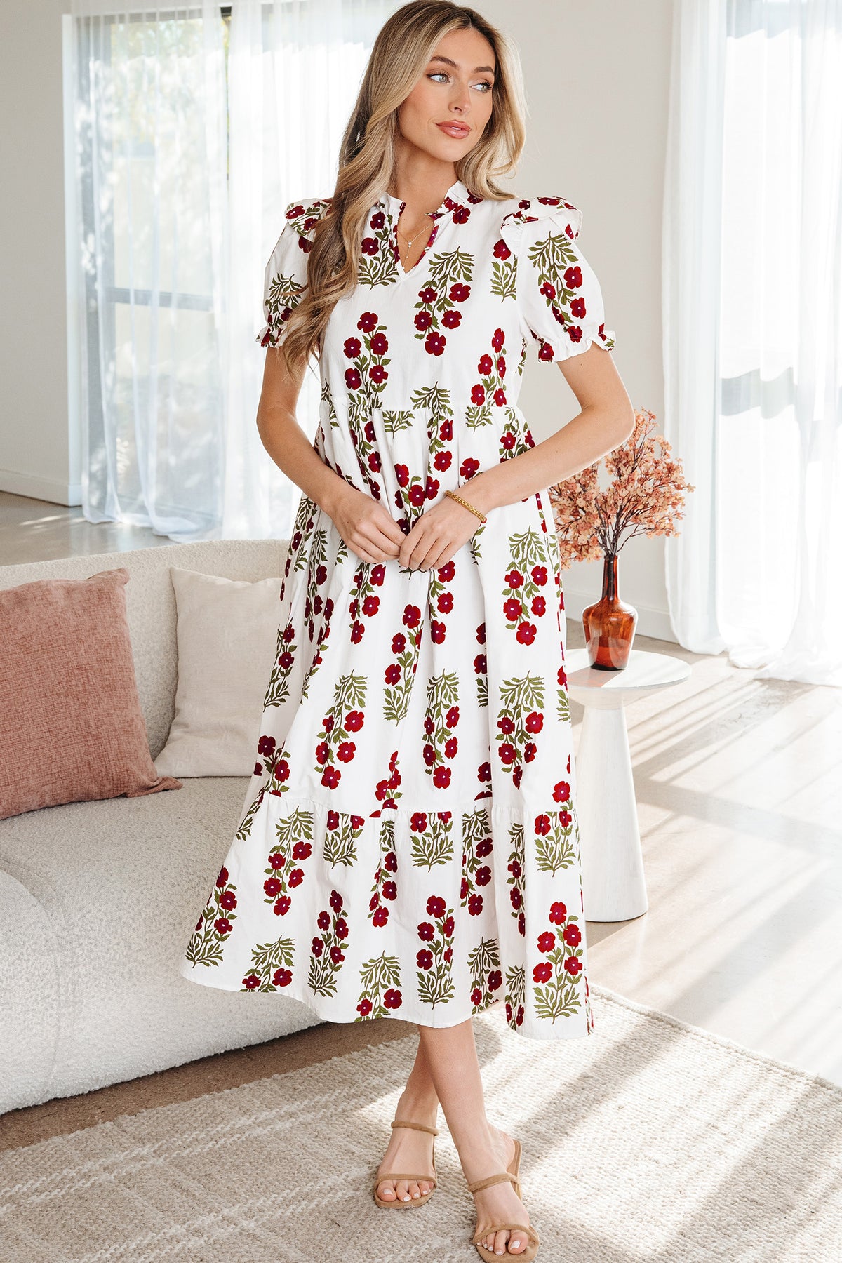 Beige Floral Short Bubble Sleeve Tiered Maxi Dress