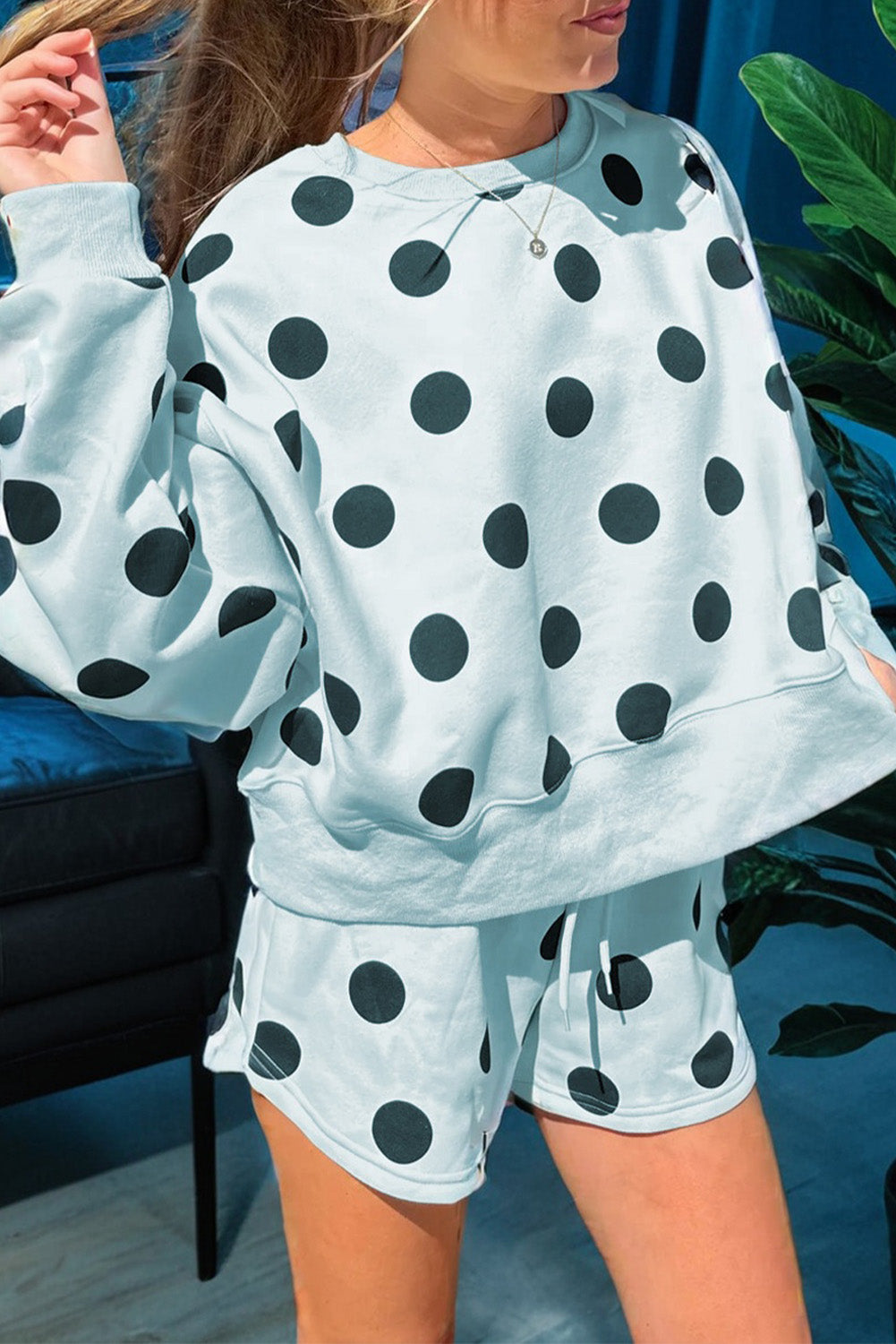 Sky Blue Polka Dot Print Drop Shoulder Pullover Drawstring Shorts Set