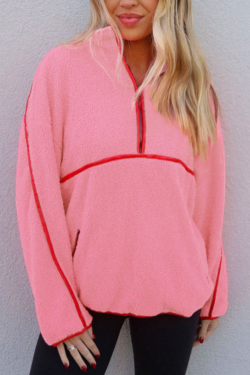 Strawberry Pink Sherpa Contrast Faux Leather Trim Half Zip Pocketed Pullover Sweatshirt