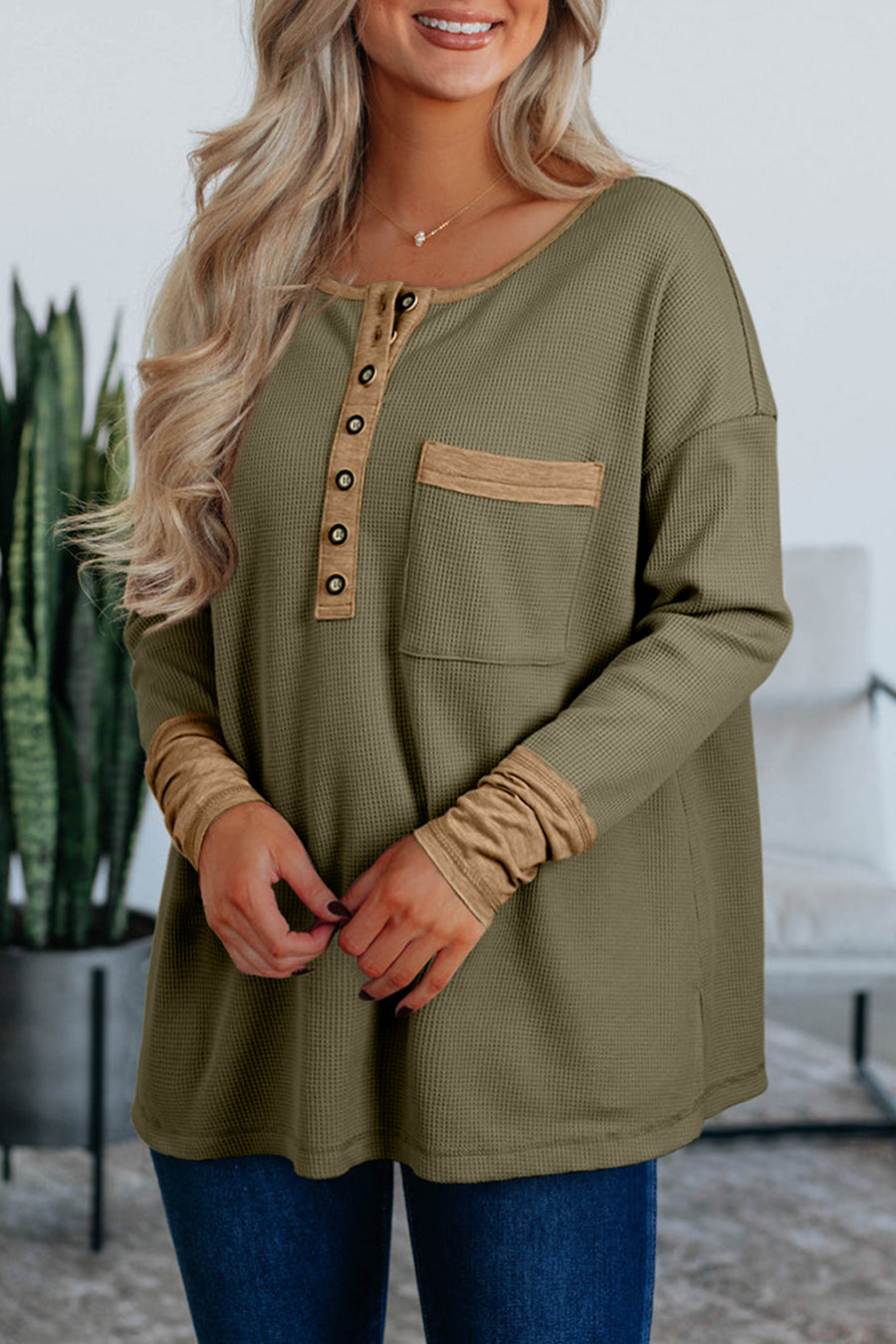 Vineyard Green Color Block Waffle Textured Tunic Henley Top with Slits