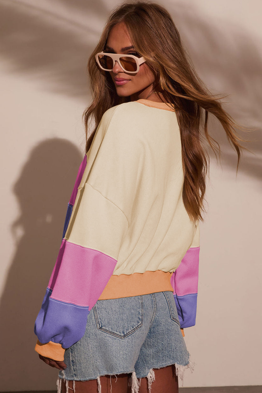 Phalaenopsis Color Block Patchwork Drop Shoulder Cropped Sweatshirt