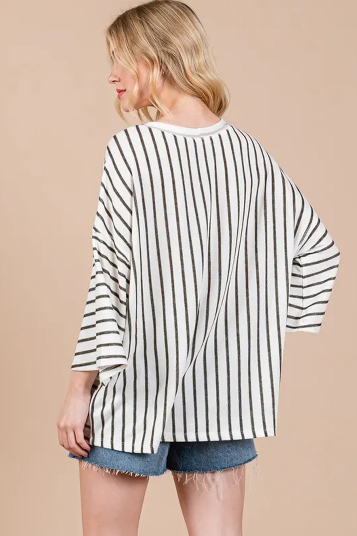 Khaki Stripe Colorblock 3/4 Sleeve Loose T Shirt