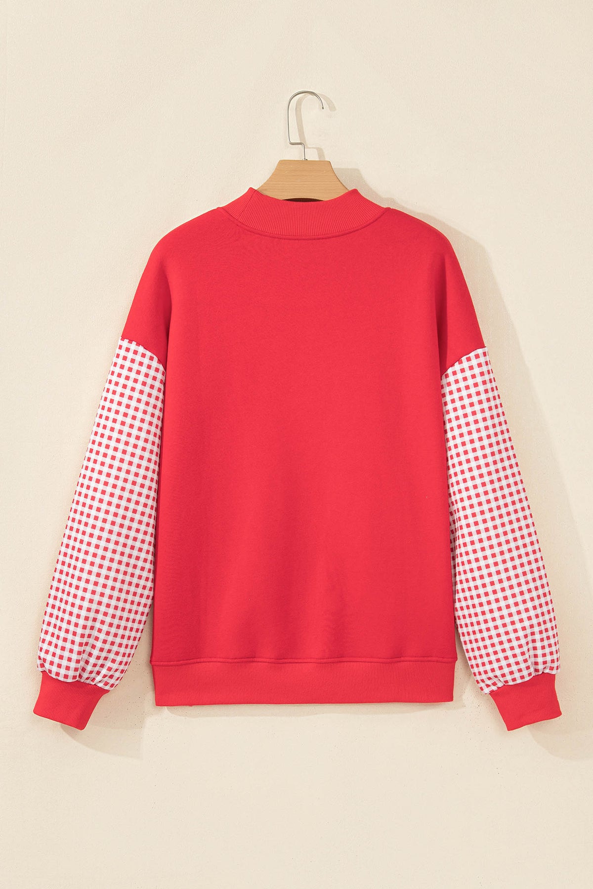 Fiery Red Plaid Sleeve Colorblock Loose Tunic Sweatshirt