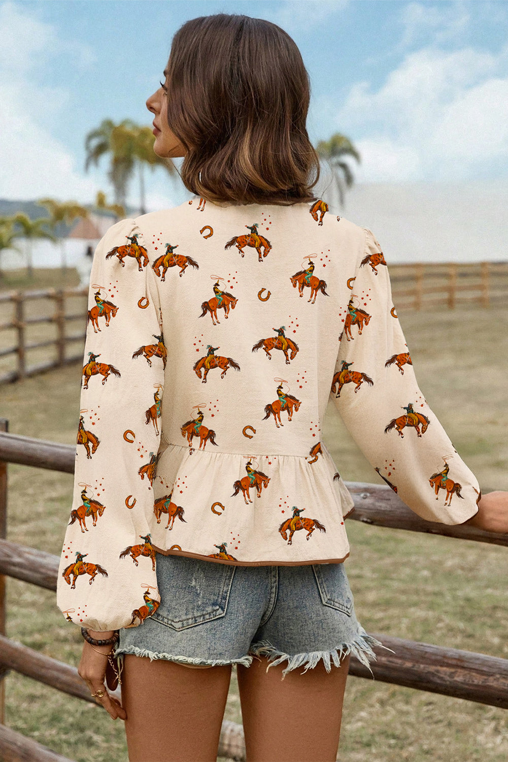 Apricot Western Rodeo Print Tied Front Puff Sleeve Peplum Top