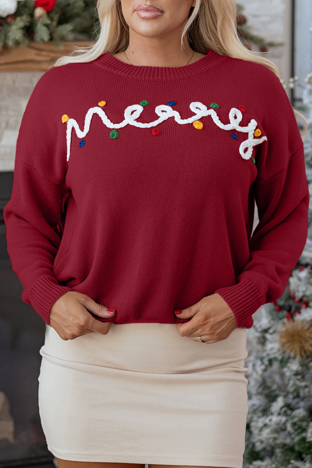 Racing Red Merry Colorful Dot Detail Christmas Drop Shoulder Sweater