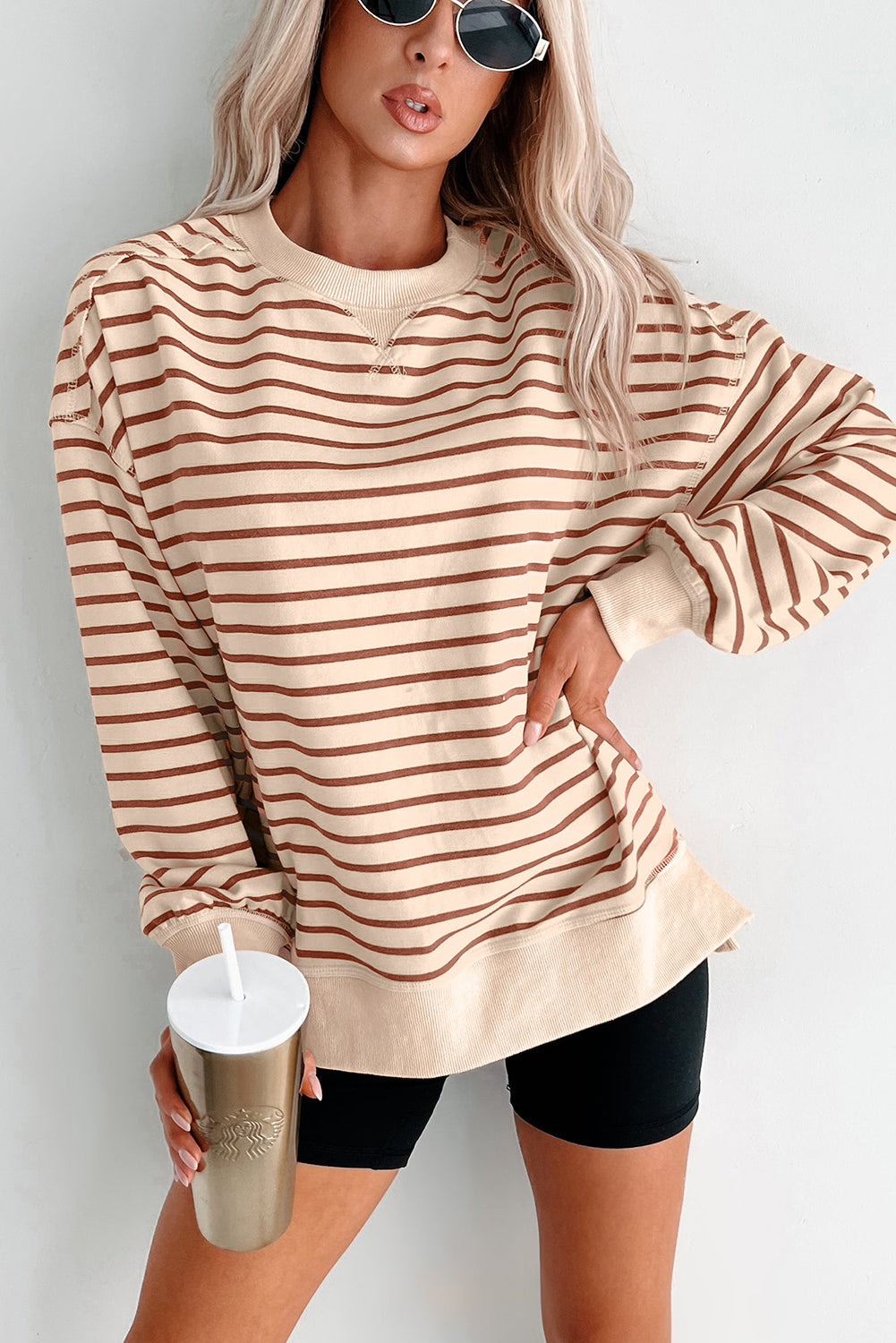 Khaki Stripe Ribbed Band Seam Detail Baggy Sweatshirt