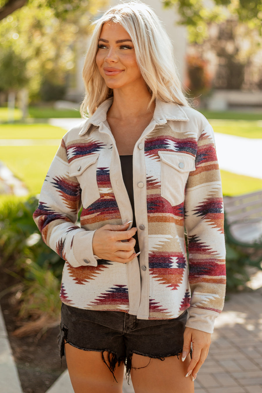 Multicolour Western Aztec Ribbed Patchwork Double Flap Pocket Raw Hem Shacket
