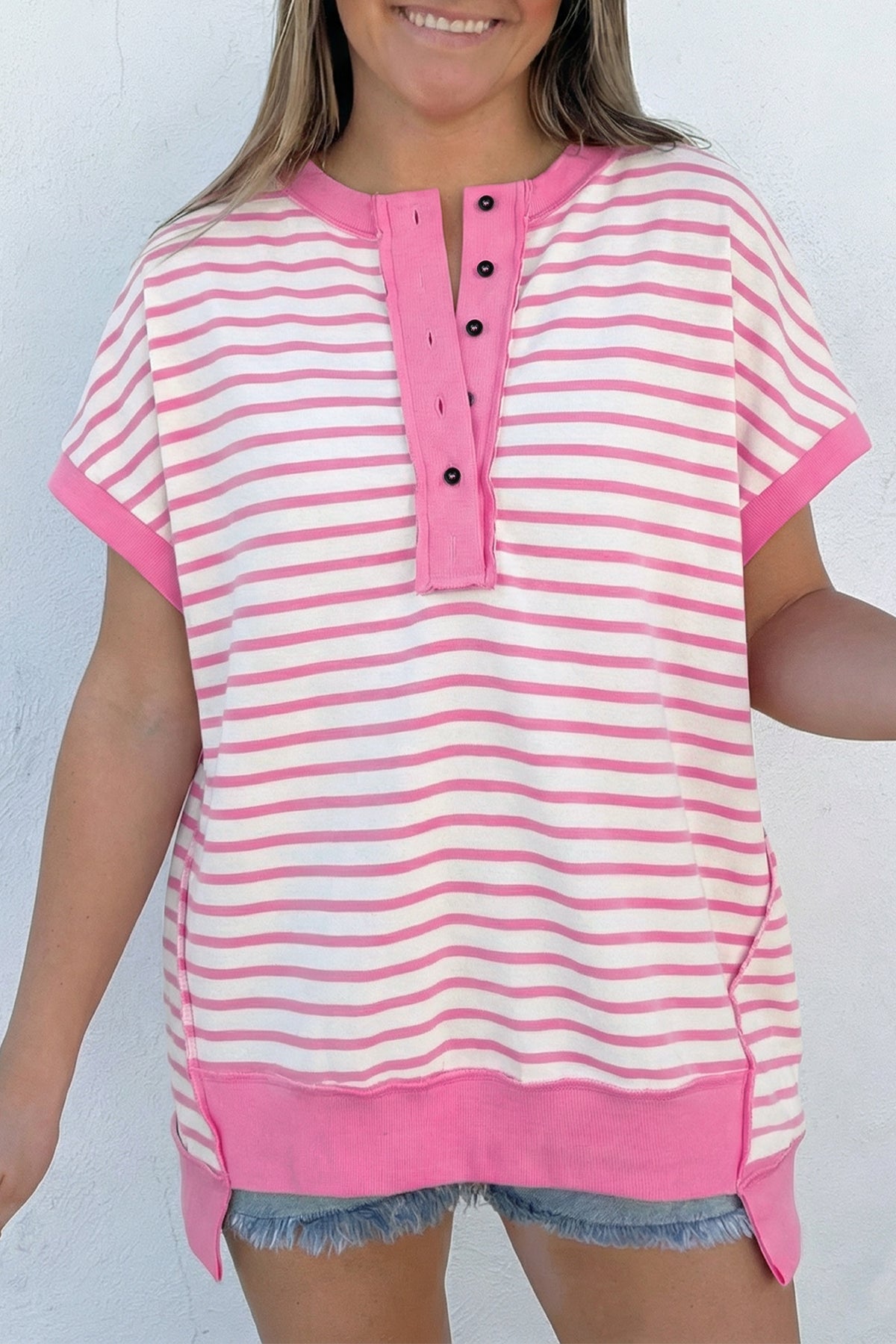Pink Stripe Half Placket High Low Short Sleeve Top
