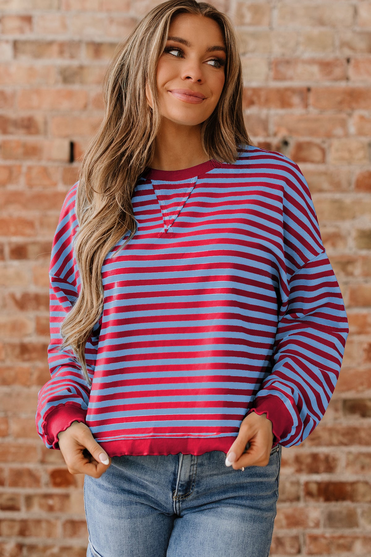 Red Stripe Exposed Seam Contrast Ribbed Trim Oversize Sweatshirt