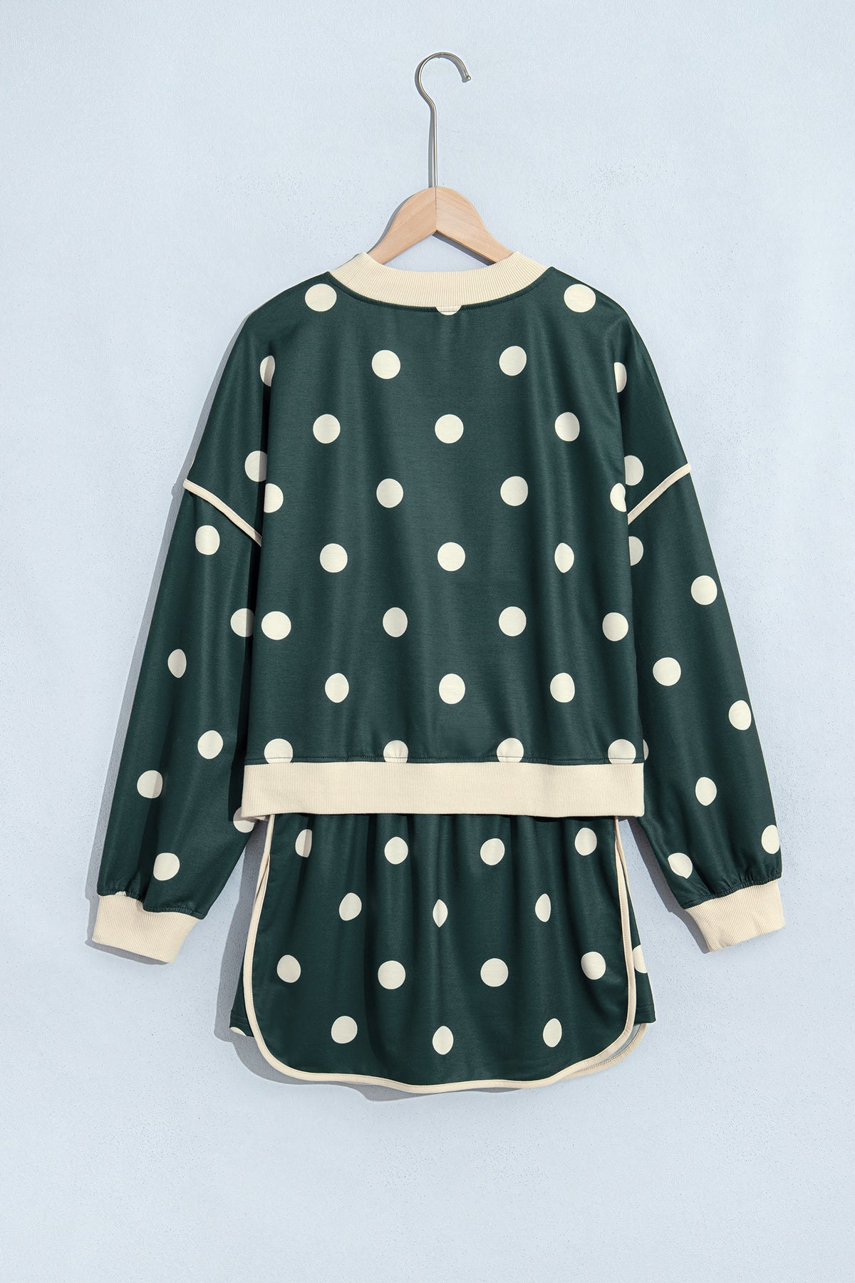 Green Polka Dot Print Color Block Trim Baggy Pullover Drawstring Skort 2pcs Set