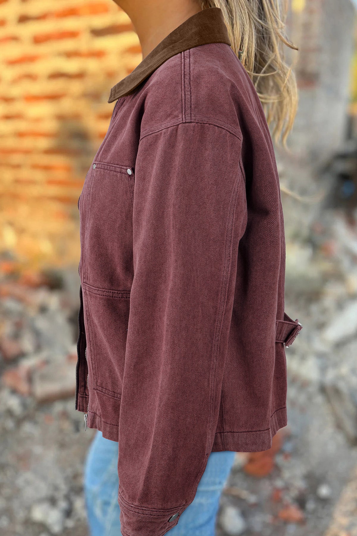 Coffee Corduroy Collar Zipped Front Denim Jacket