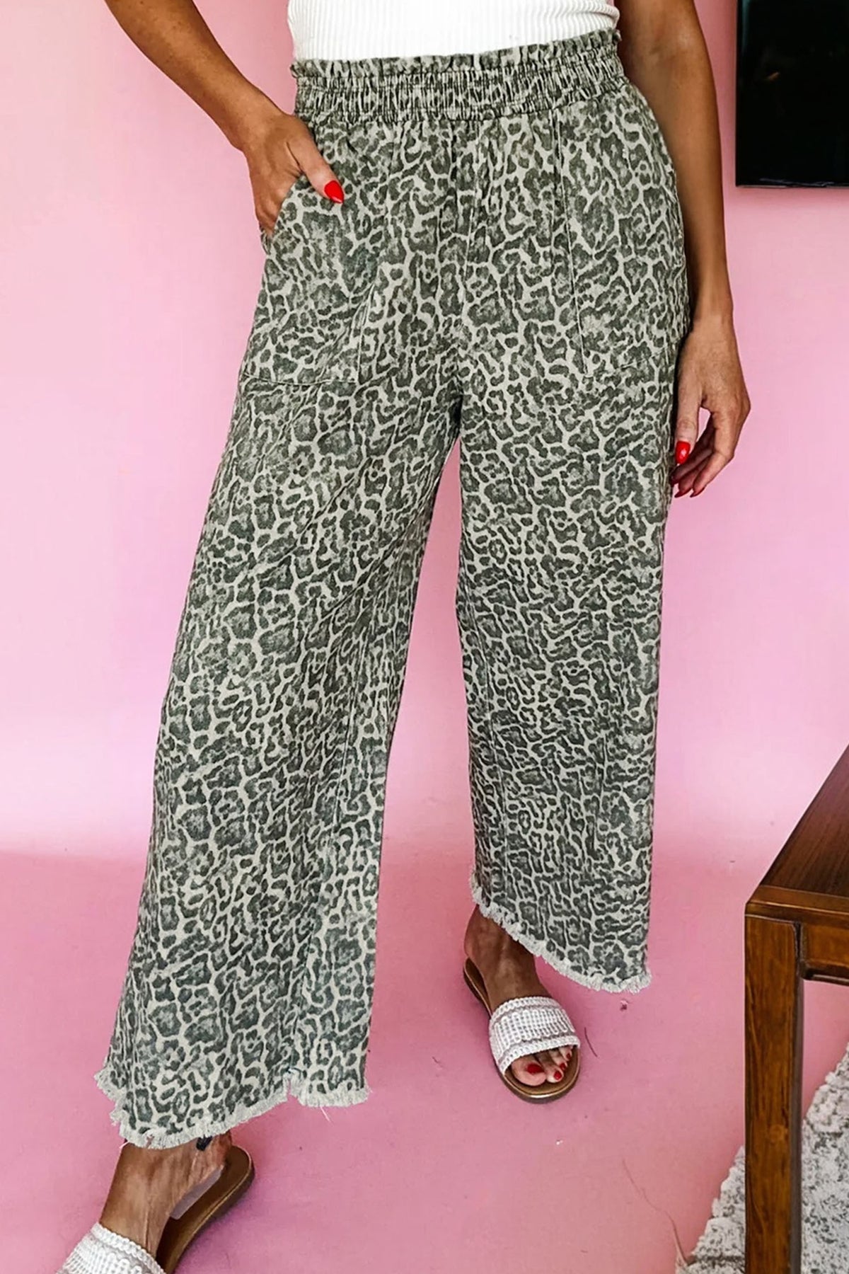 Brown Leopard Print Raw Hem Elastic Waist Loose Pull On Jeans
