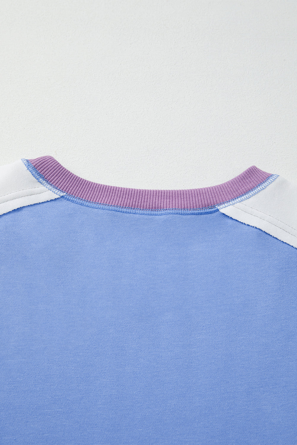 Blue Exposed Seam Colorblock Patchwork Ribbed Trim Pullover Sweatshirt