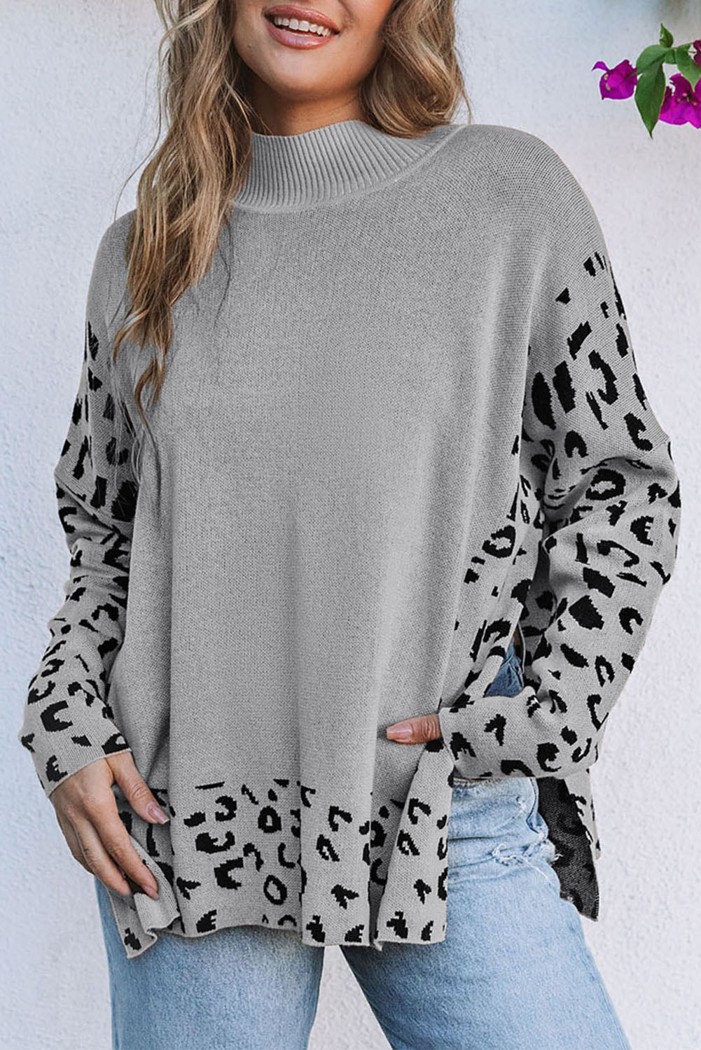 Gray Leopard High Neck Side Slit Oversized Sweater