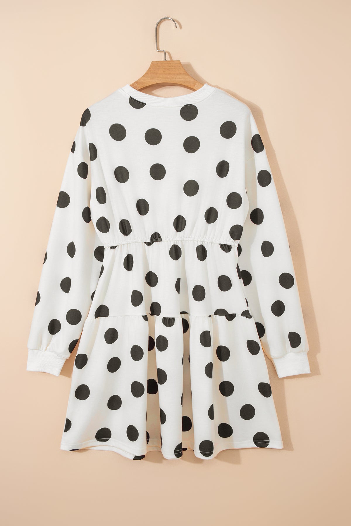 White Polka Dot Printed Long Sleeve Flared Mini Dress