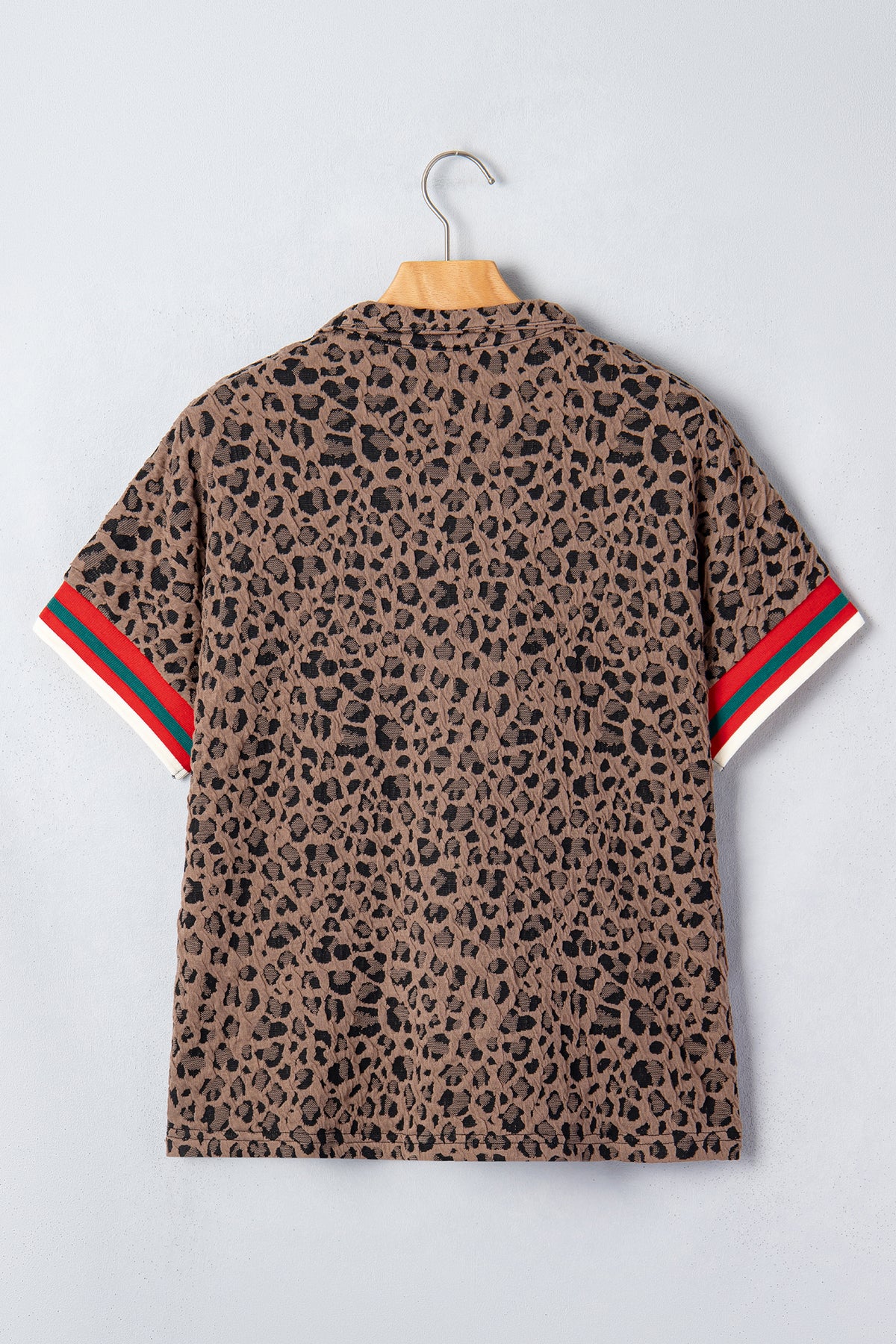 Brown Leopard Jacquard Striped Patchwork Half Zip Short Sleeve Blouse