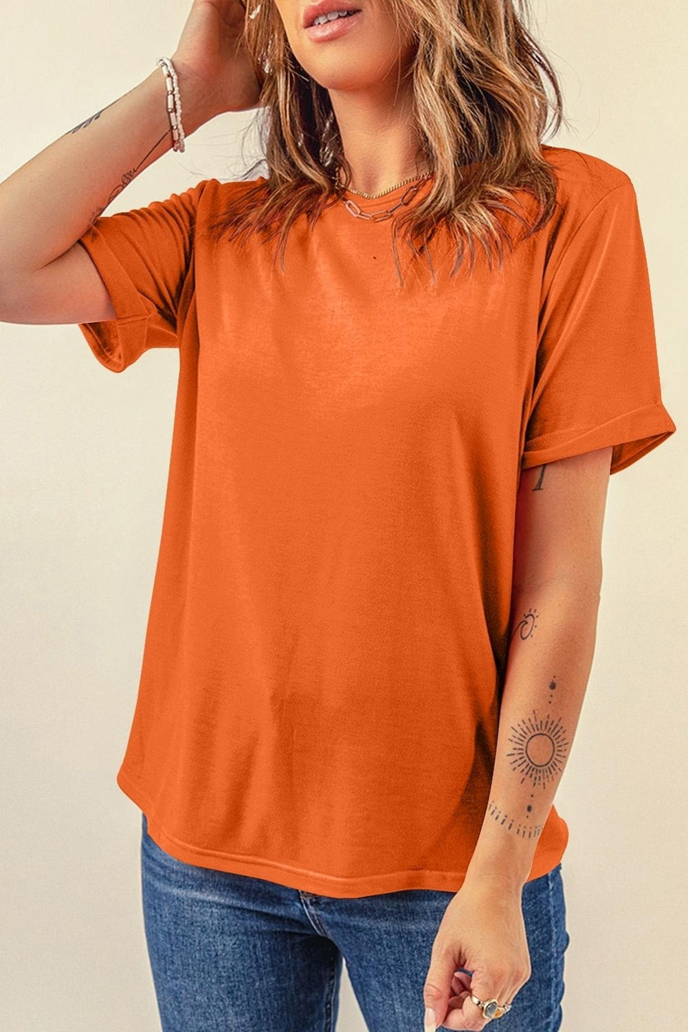 Orange Casual Plain Crew Neck Tee