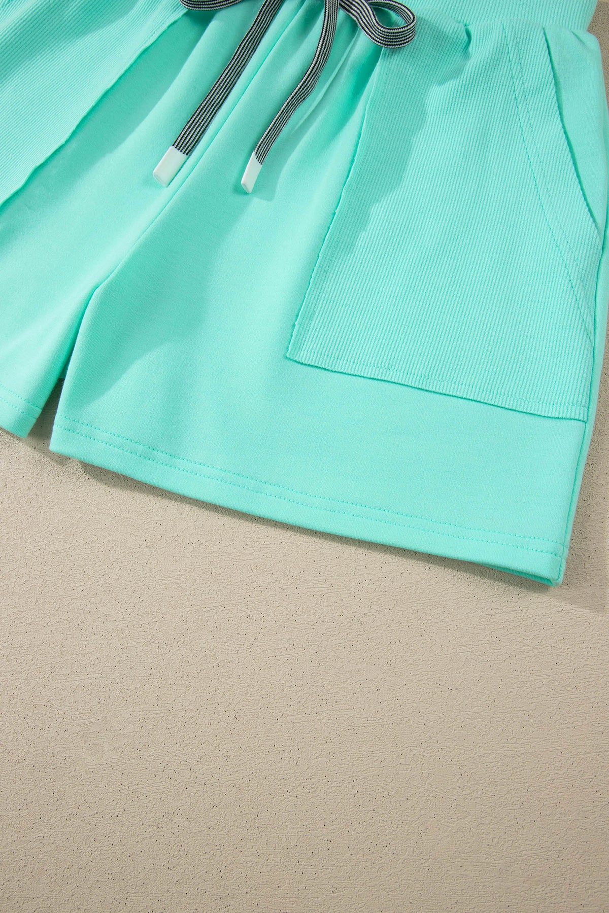 Mint Green V Neck Short Sleeve Top Drawstring Shorts 2pcs Set