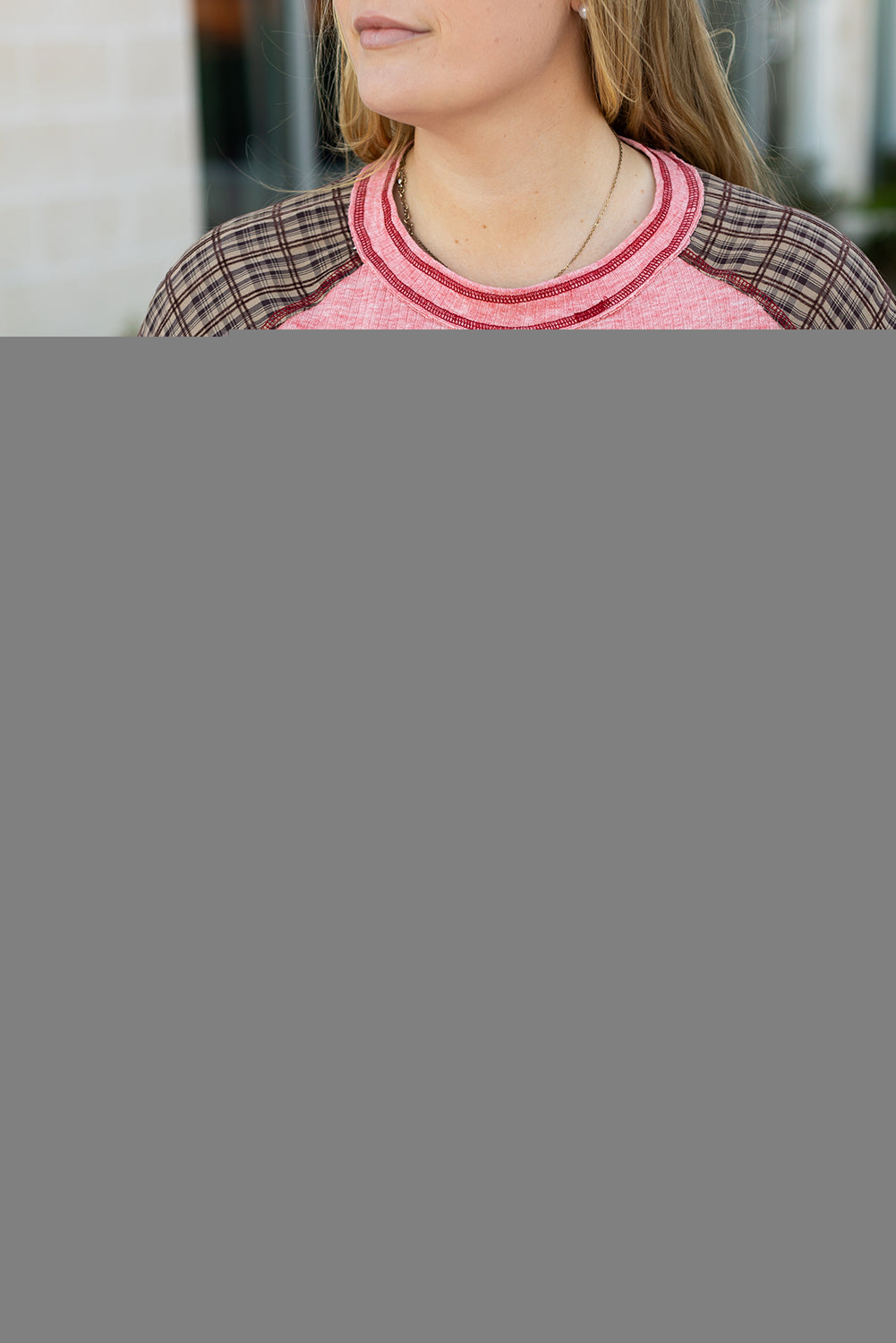 Pink Checkered Paisley Patchwork Raglan Sleeve Seamed Plus Size Top