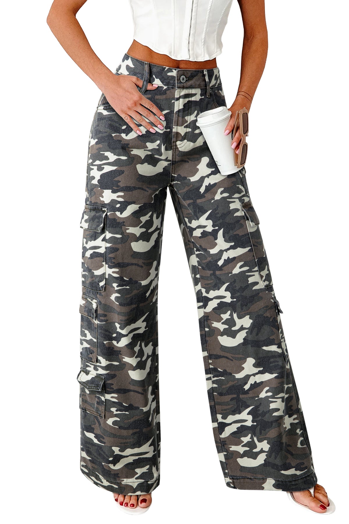 Green Camo Cargo Wide Leg Pants