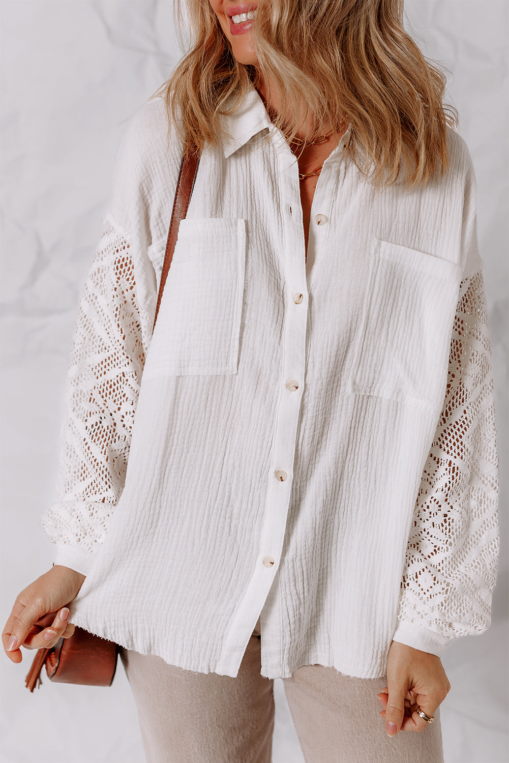 White Cotton Gauze Lace Patchwork Long Sleeve Shirt