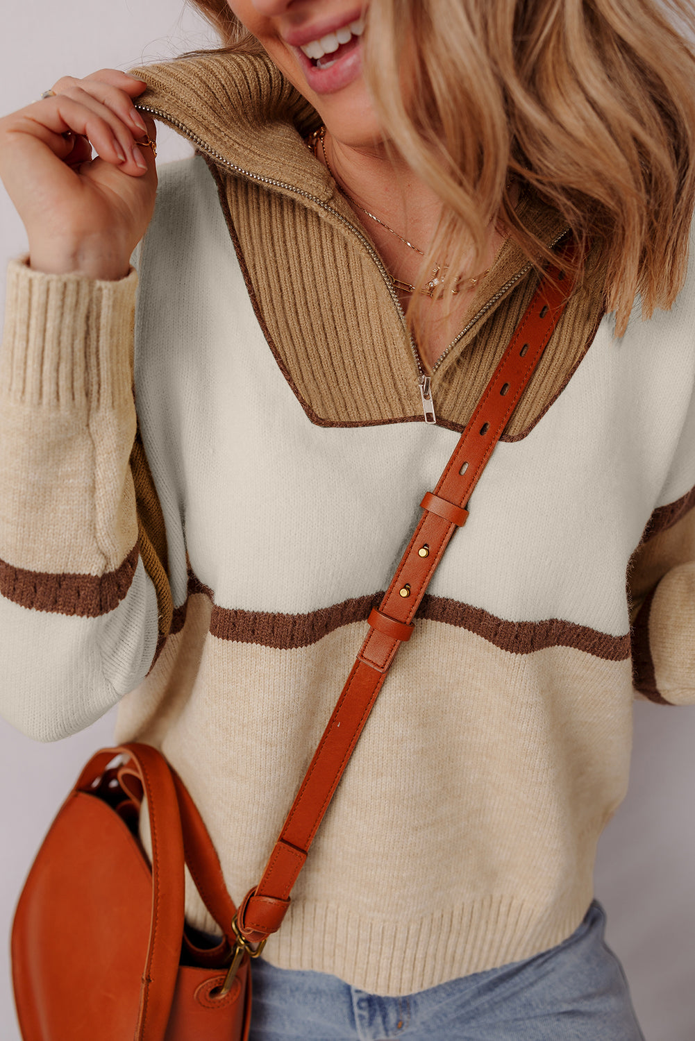 Parchment Colorblock Zipped Collared Pullover Sweater