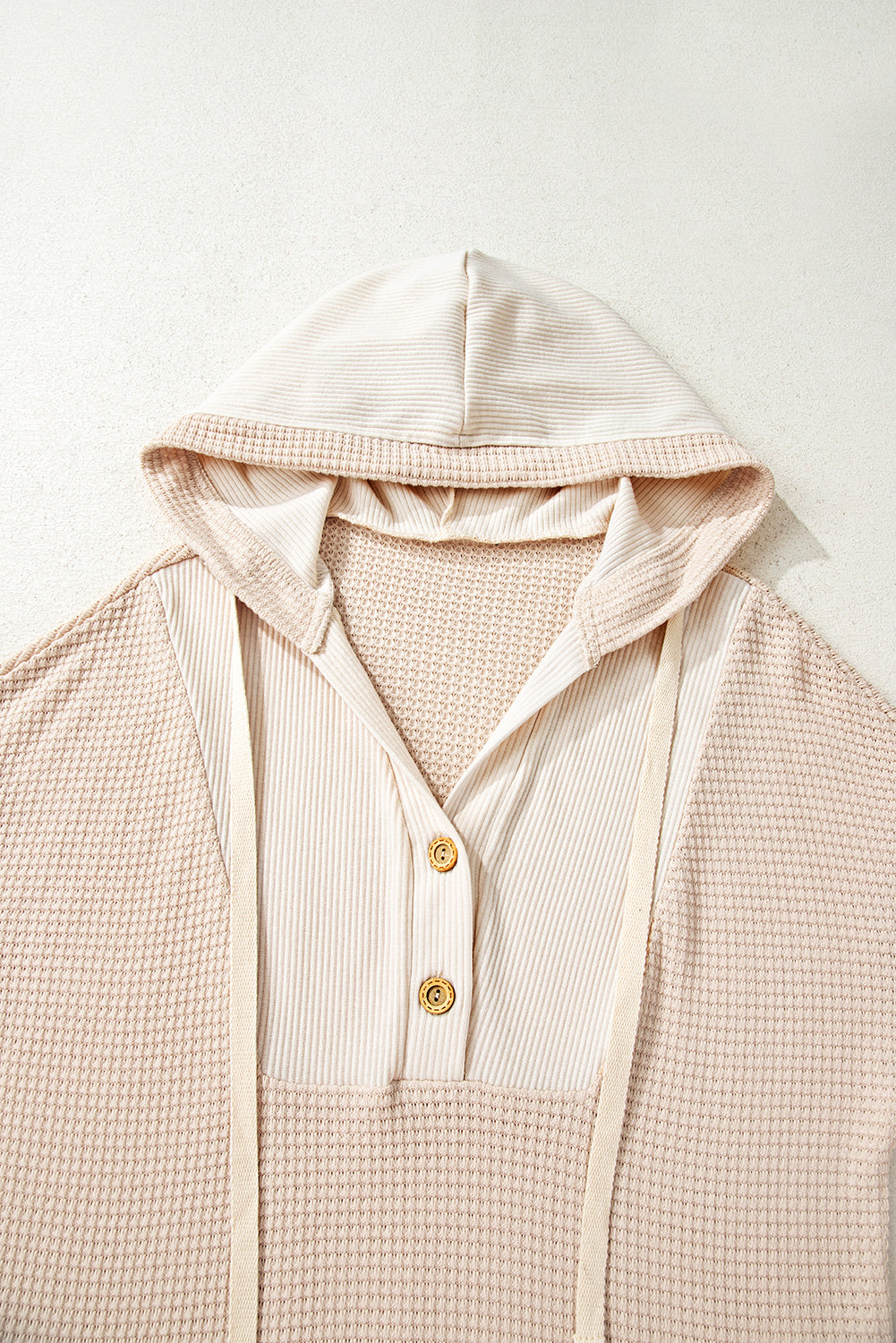 Oatmeal Waffle Patchwork Drop Shoulder Hooded Long Sleeve Top