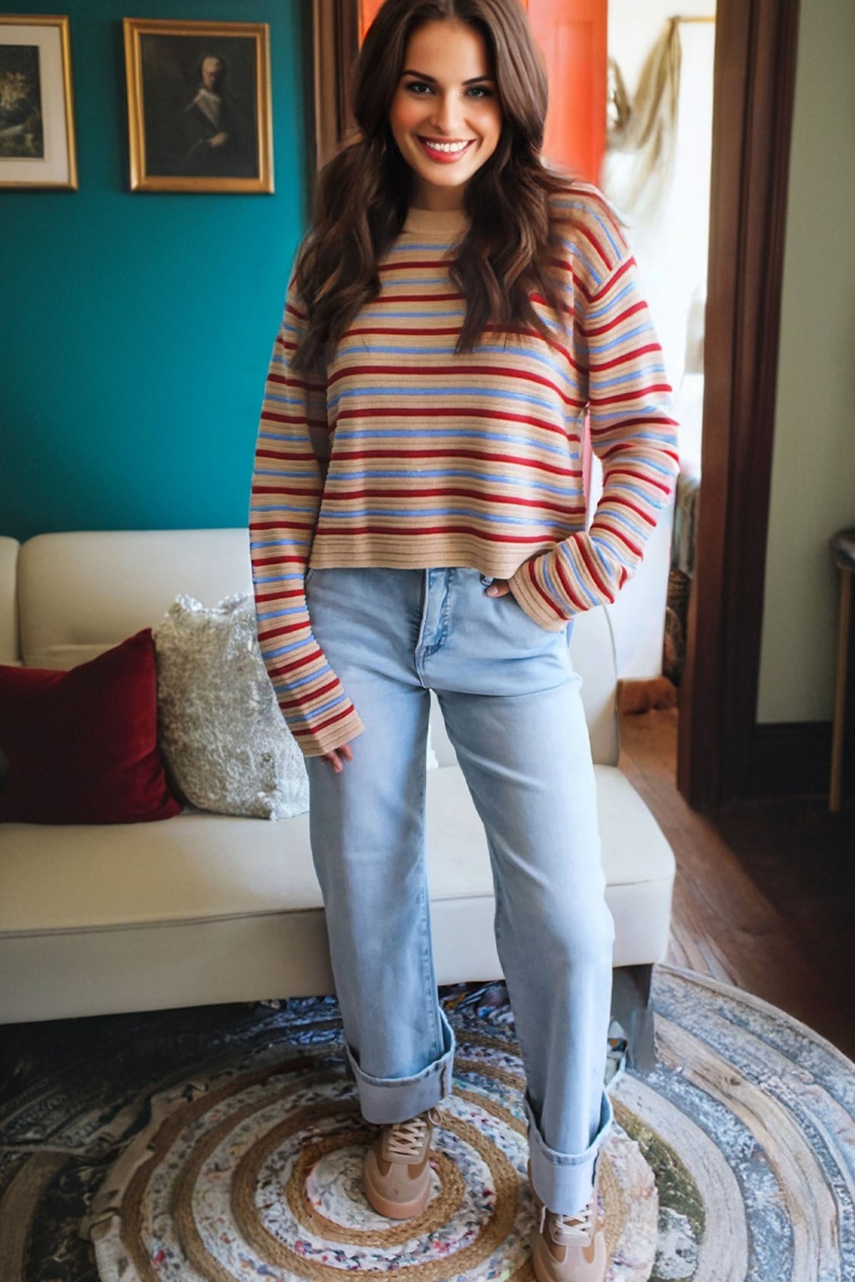 Khaki Stripe Drop Shoulder Cropped Long Sleeve Fall Sweater
