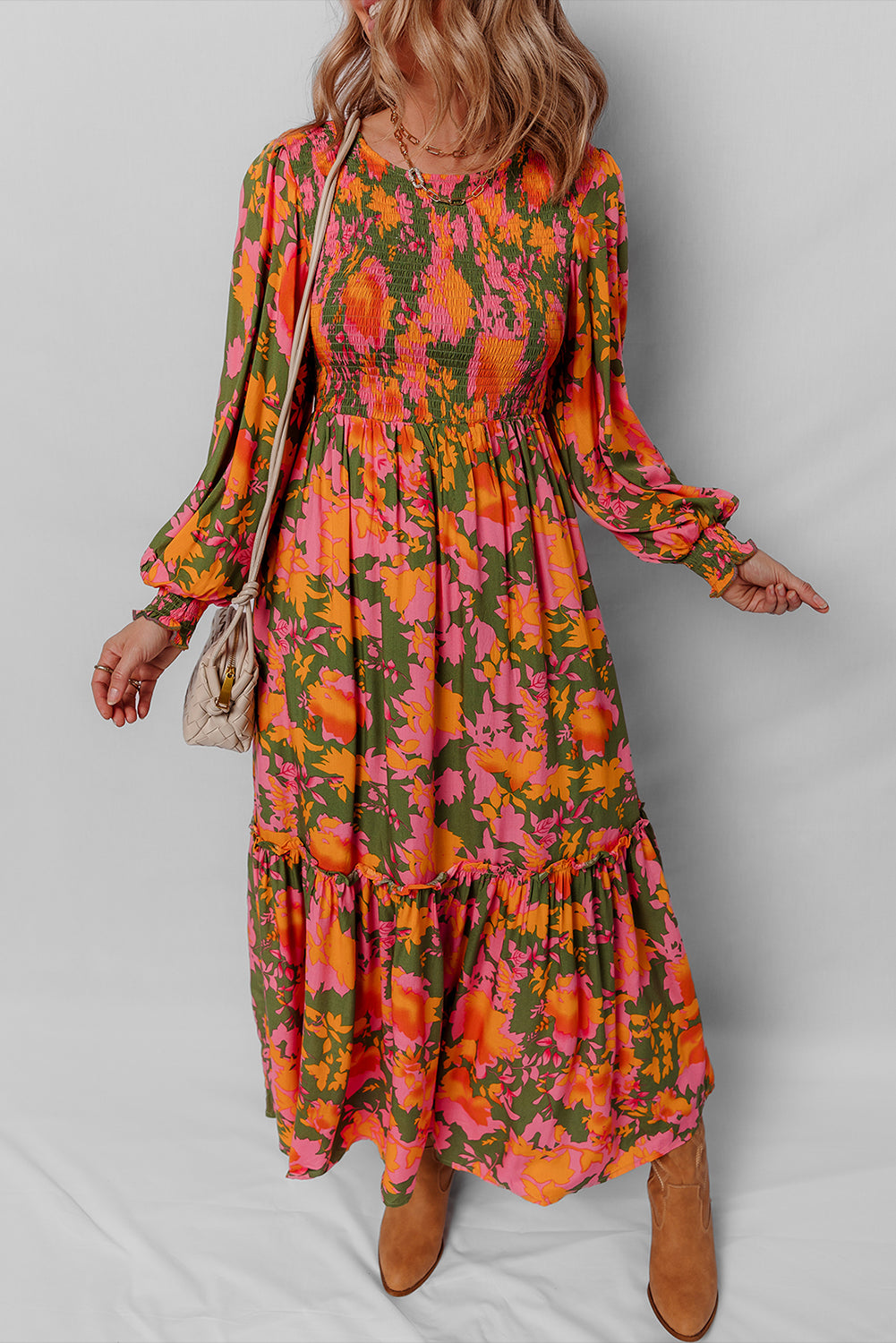 Orange Floral Puff Sleeve Smocked Bodice Ruffled Long Dress