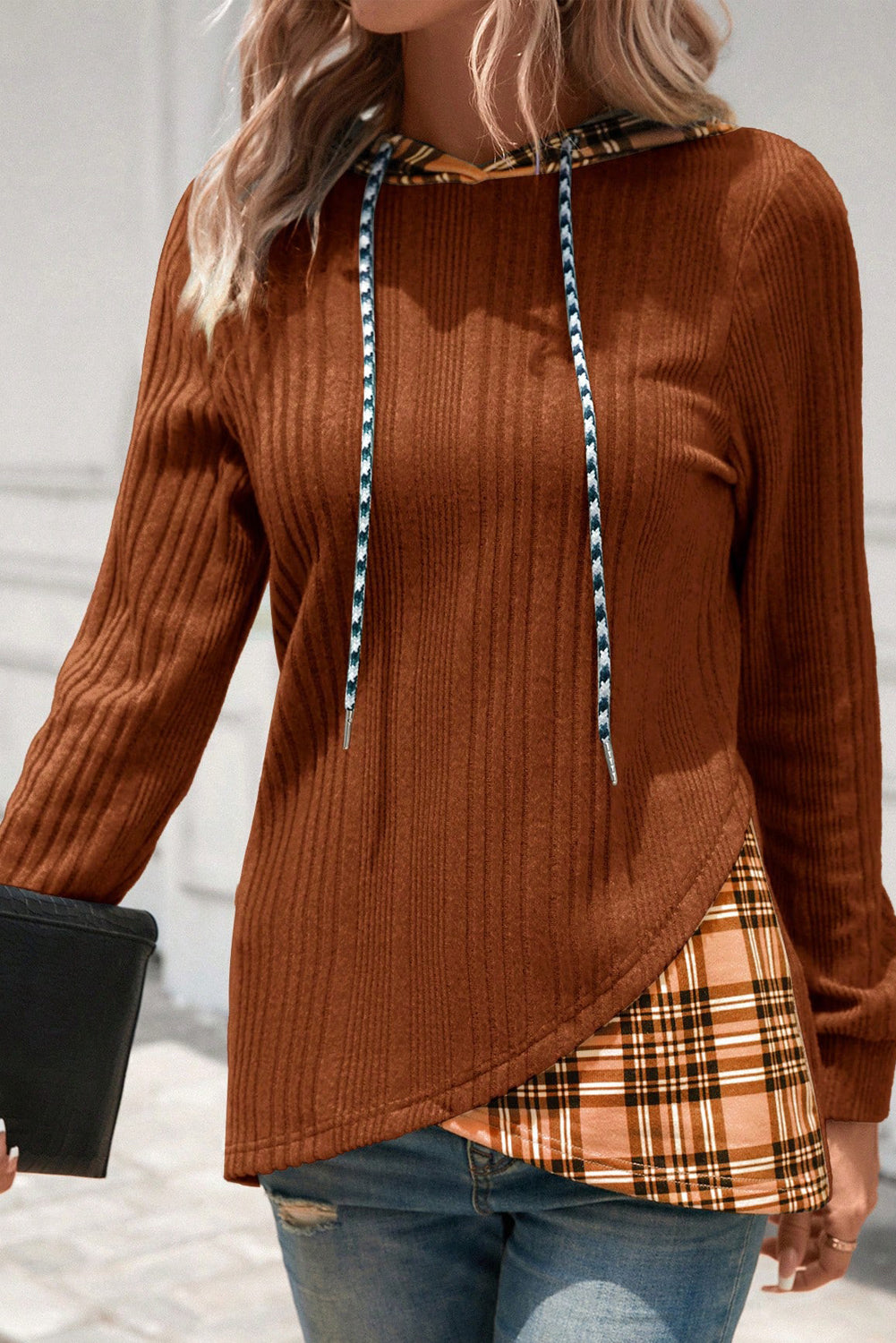 Chestnut Plaid Patchwork Ribbed Knit Drawstring Hooded Top