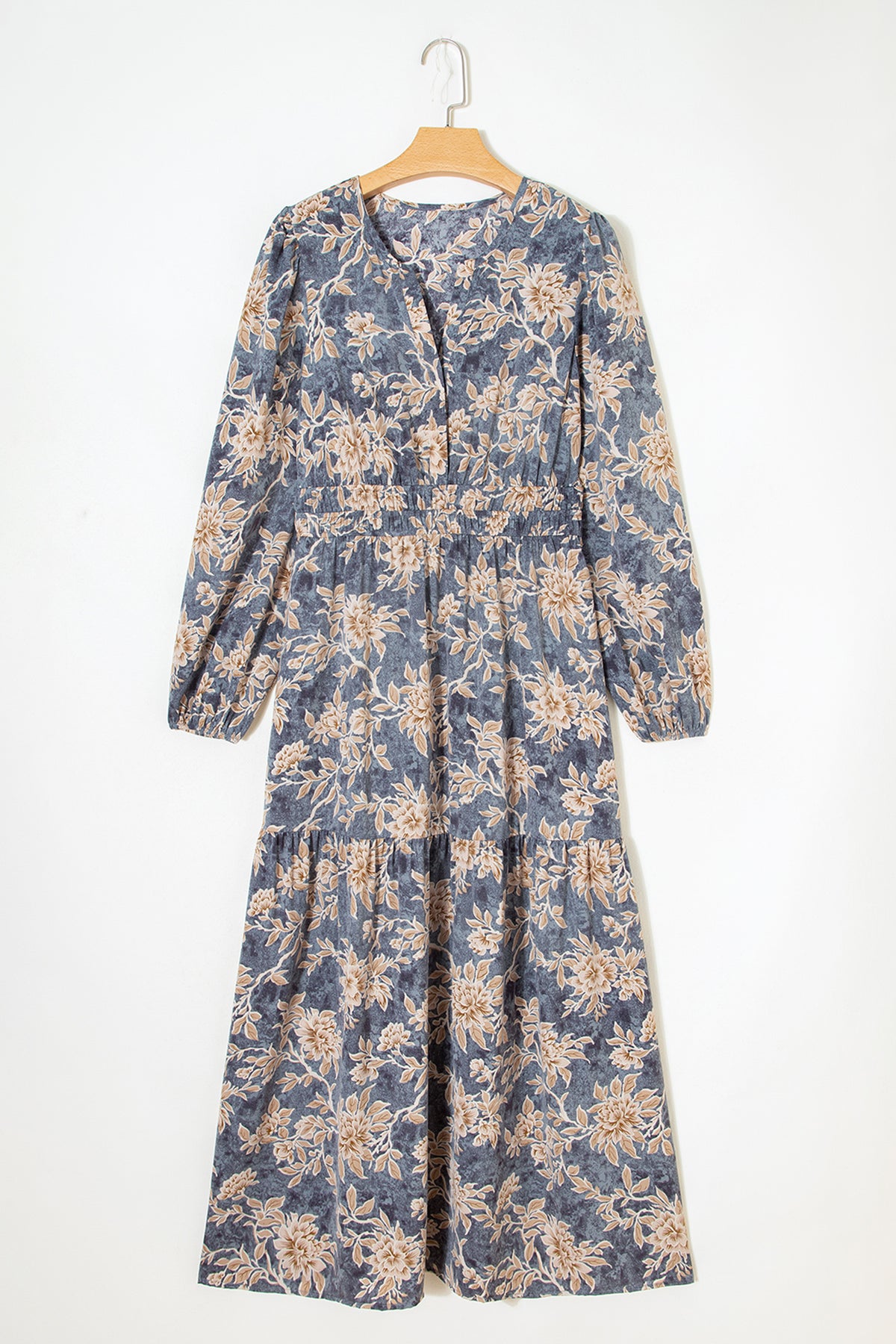 Sky Blue Floral Print Smocked High Waist Long Sleeve Maxi Dress