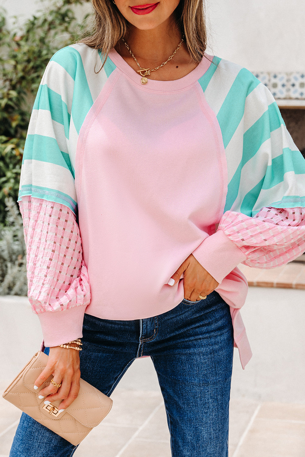 Bonbon Striped Colorblock Patchwork Raglan Pullover Top with Slits