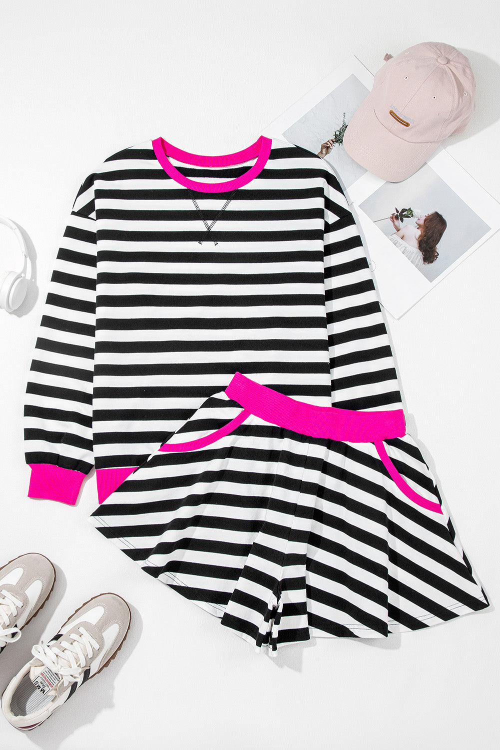 Black Stripe Contrast Ribbed Banding Long Sleeve Blouse Loose Shorts Set