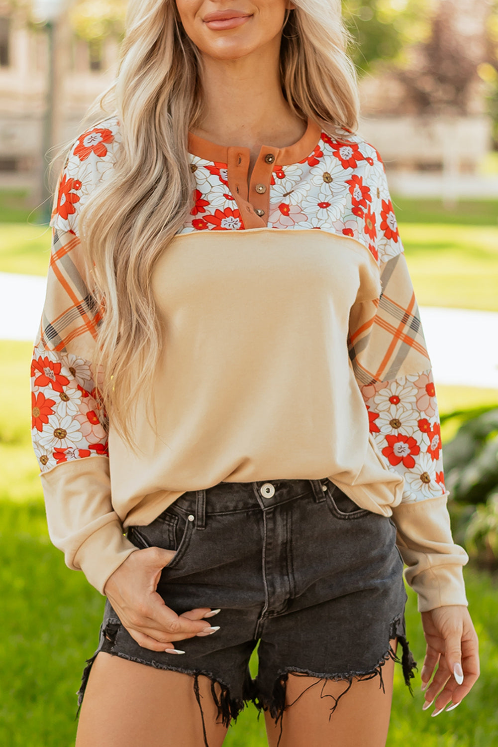 Parchment Floral Plaid Patchwork Casual Top