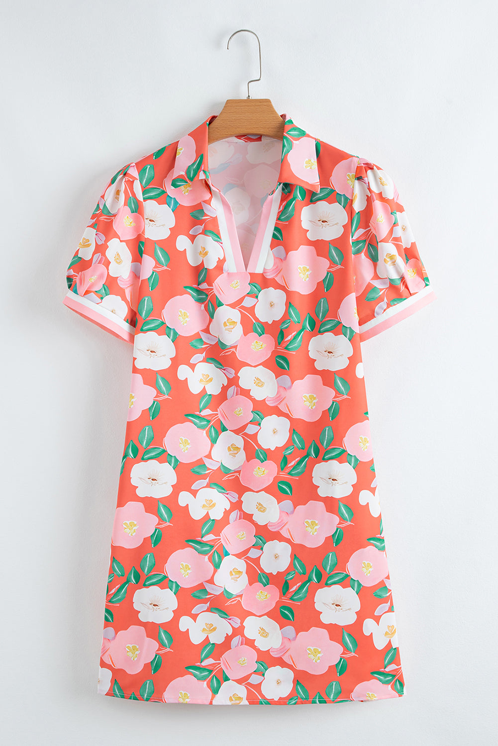 Fresh Salmon Floral Print Contrast Striped Trim Polo Collar T Shirt Dress