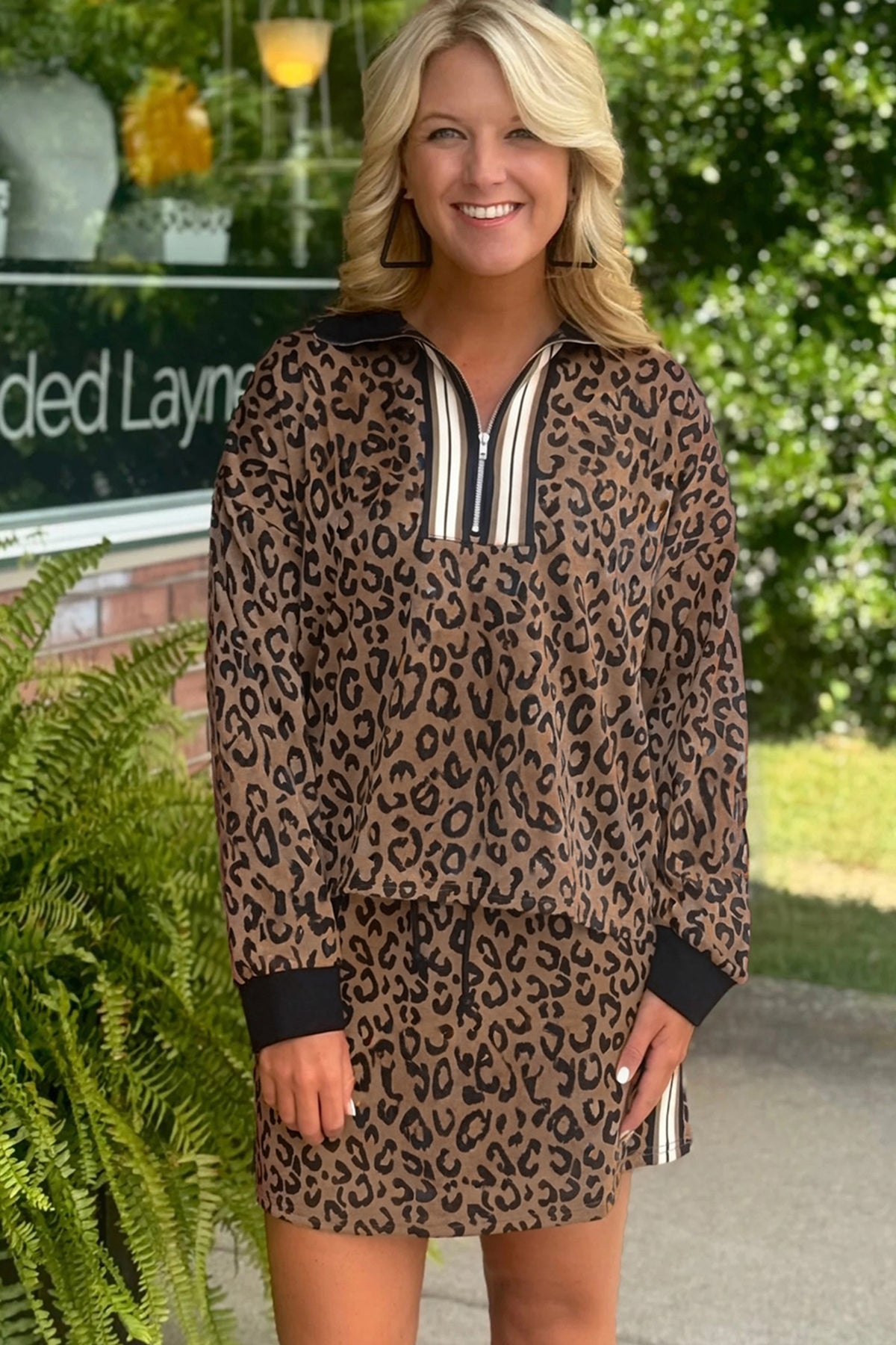 Khaki Leopard Print Quarter Zip Long Sleeve Top Mini Skort Set